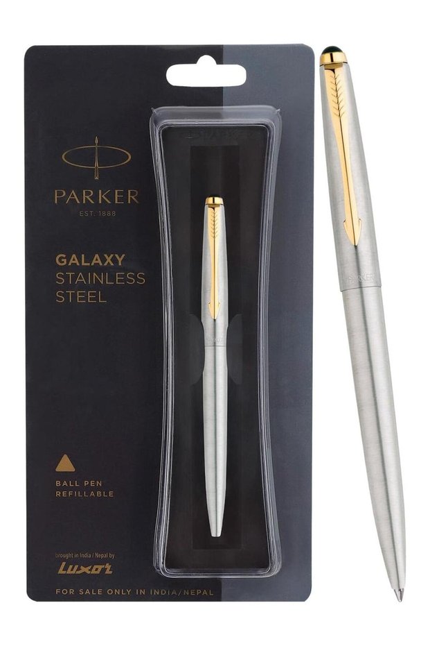 Parker Galaxy Stainless Steel Gold Trim Ball Pen| Ink Color - Blue | Perfect For Professional Use |