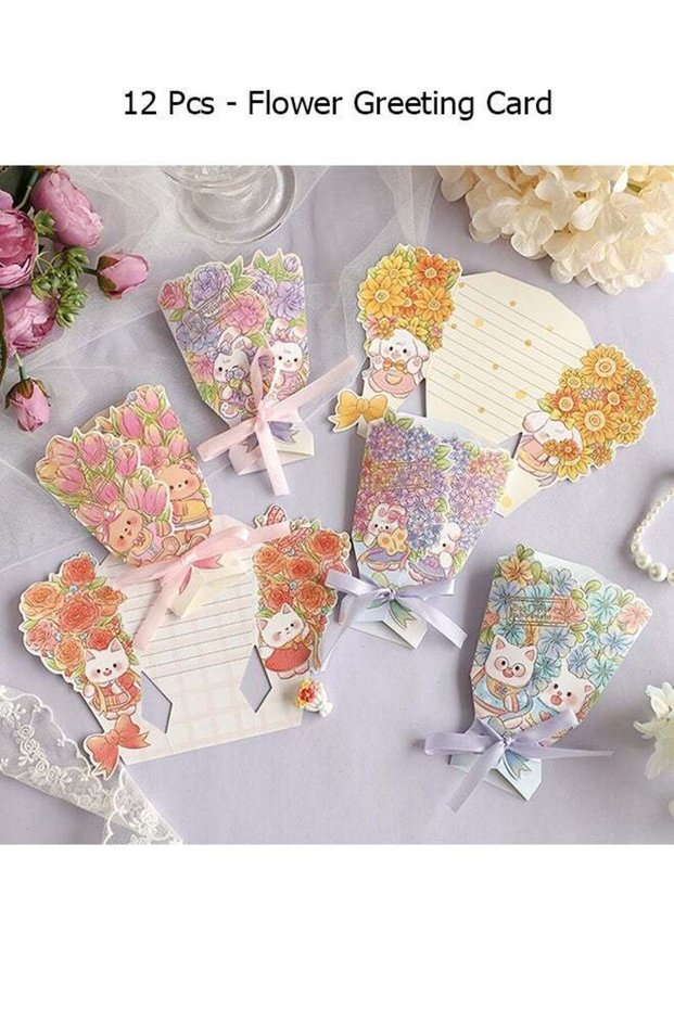 12 Sheets 3D Flower Bouquet Bow Greeting Card - Foldable Bouquet Blank Greeting Card - 6 Styles - F
