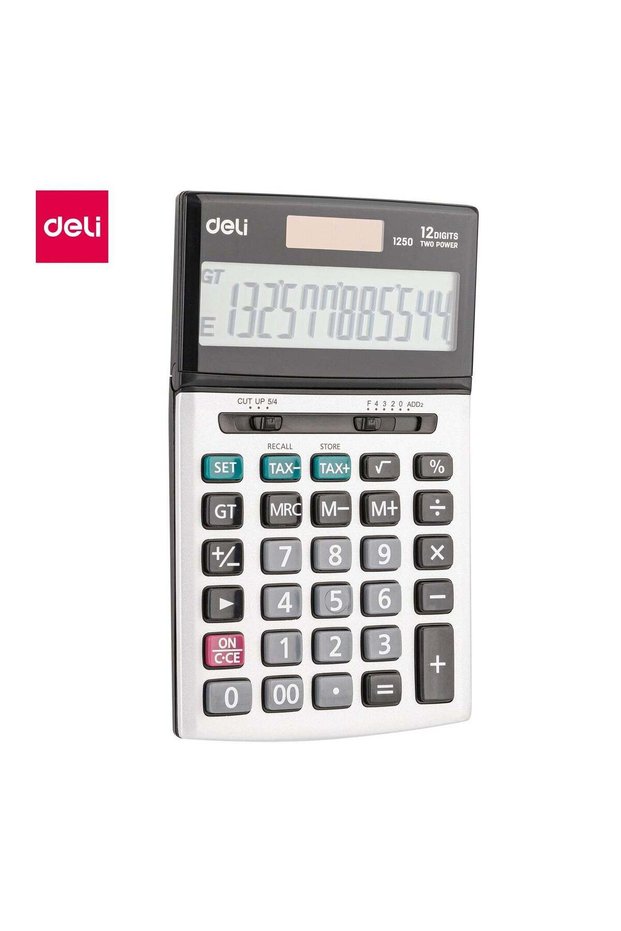 Deli EI250 Desktop Calculator, 12-Digit Large LCD Display, Dual Power (Solar & Battery), Metal Face