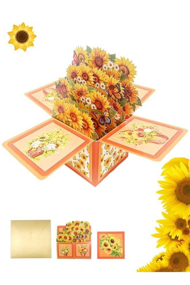 3D Pop Up Greeting Card with Sunflower Design, Blank Cards with Envelope and Notecard for Mother's