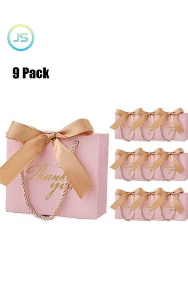 9 Pack Thank You Pink Gift Bags, with Handles 5.5 x 2.4 x 4.7 Inches Small Gift Bags with Bow Ribbo