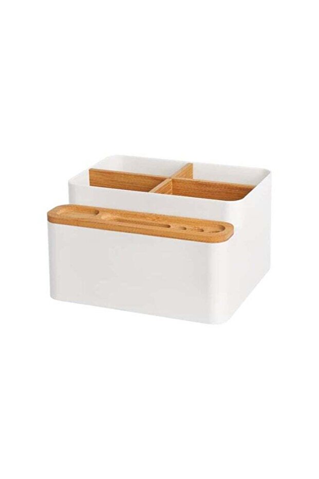 Bamboo Desk Organiser Storage Box, Multi-purpose Office Desktop Tidy Holder Pen Scissor Phone Note