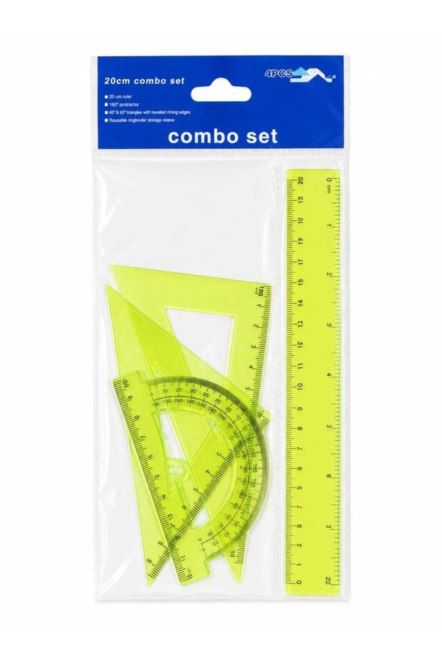 Pack of 2 Geometry Sets 20cm – 8 Pieces Total, Ruler, Protractor and Set Squares for School, Study,