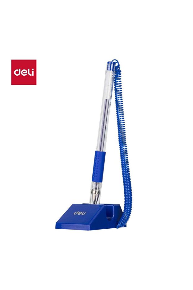 Deli E6791-BL Desk Pen with Stand – Adhesive Base, 180° Rotatable, Soft Grip, Tethered Ballpoint Pe