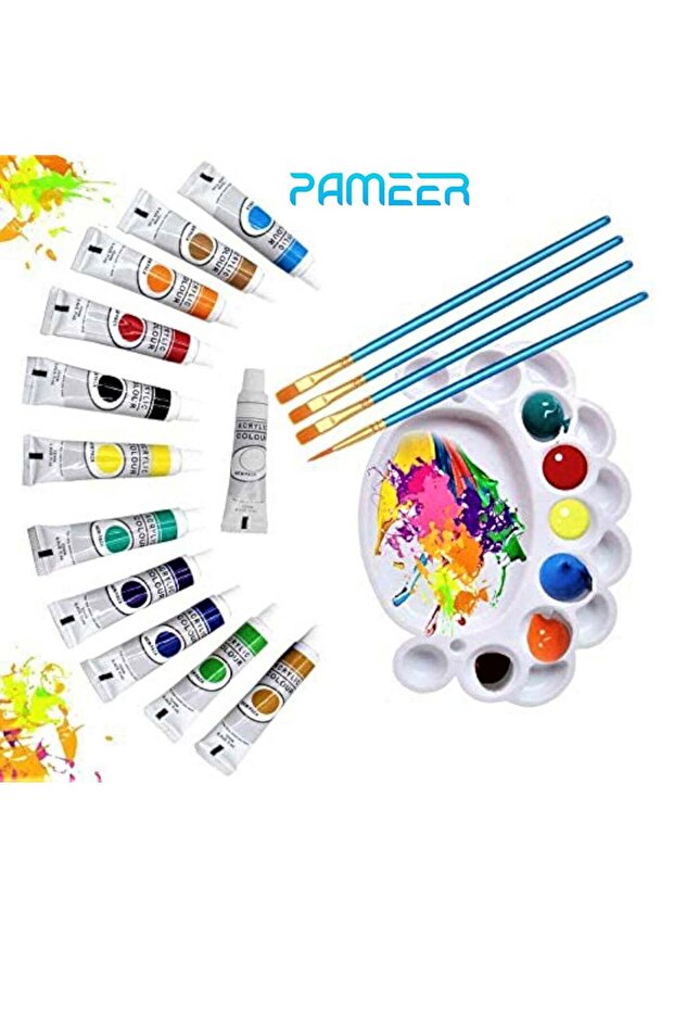 Acrylic Colors Paint Set Painting kit has 12 x 12ml Tubes 4 Art Brushes 1 Palette Rich Pigments Col