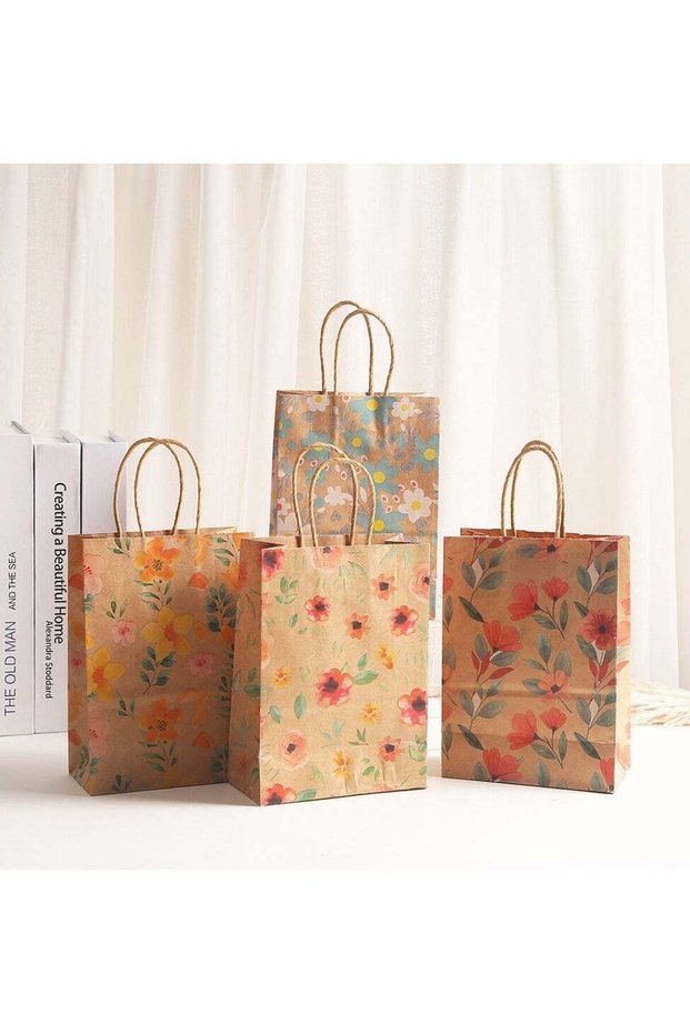 4pcs Colorful Flower Kraft Paper Tote Bag, Suitable for Shopping and Gatherings. Durable Kraft Pape