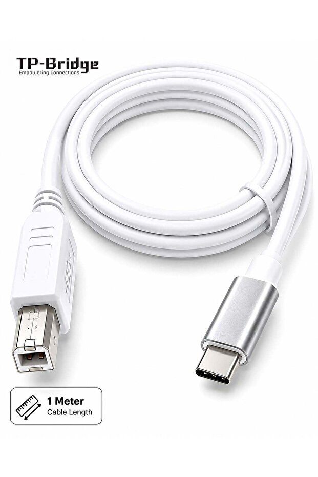 TP-Bridge USB 2.0 USB C Printer Cable 1 Meter White for USB C Devices and Printers, High Speed USB