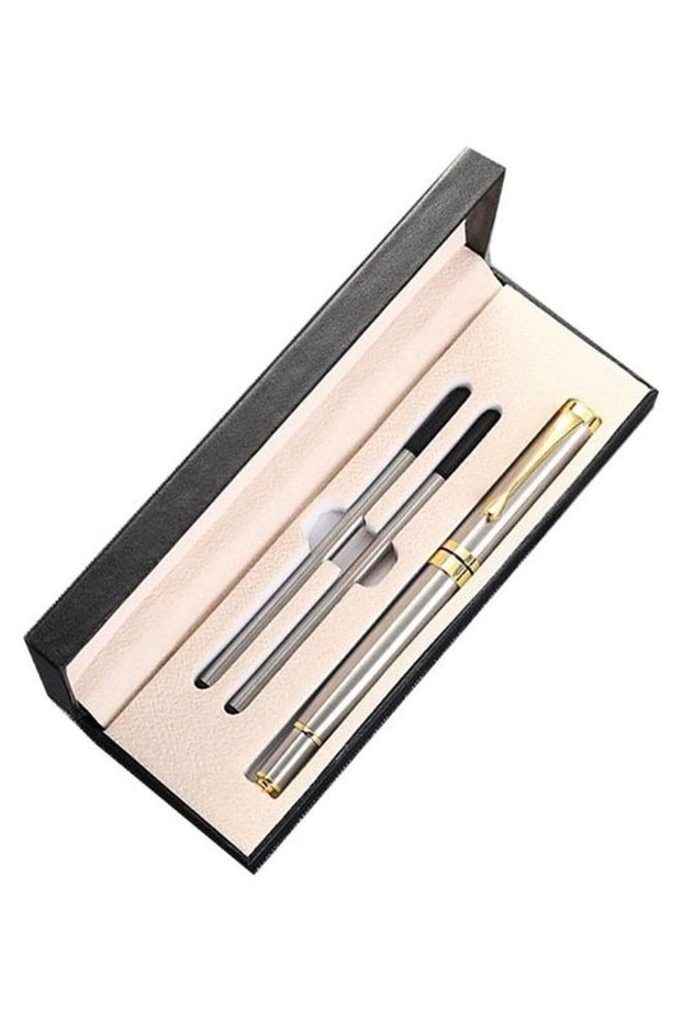 Luxury Executive Metal Ballpoint Pen – Silver & Gold Professional Writing Pen with Gift Box & Extra
