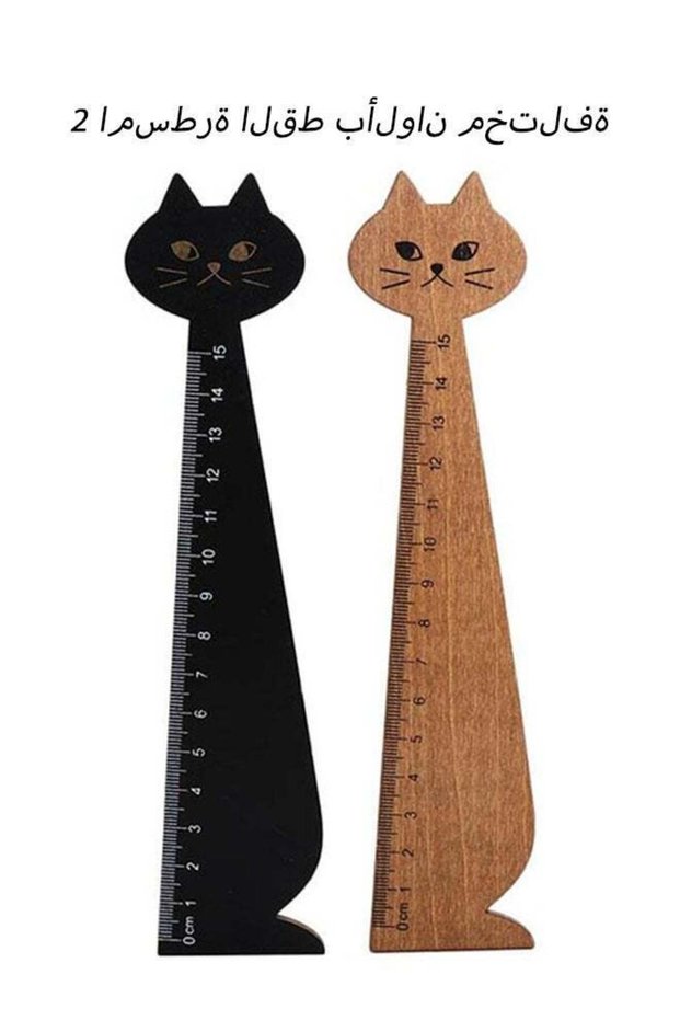 2 Pcs Cat Shape Ruler 15 cm Wooden Kitten Straight Ruler Brown and Black School Office Supplies Ver