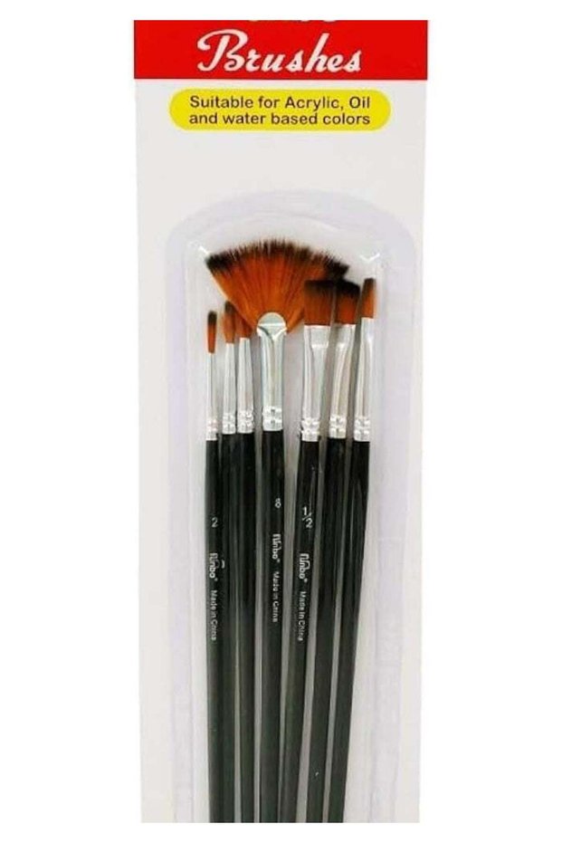 Funbo Multi-Purpose Long Assorted Oil Color Brush Set - 7 Pieces (Sizes No. 2, 4, 6, 8, 1/4, 3/8, 1