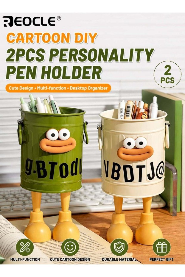 4PCS Cartoon Design Pen Holder Set with Vintage Style and Multi-Slot Storage Desktop Organizer Buck