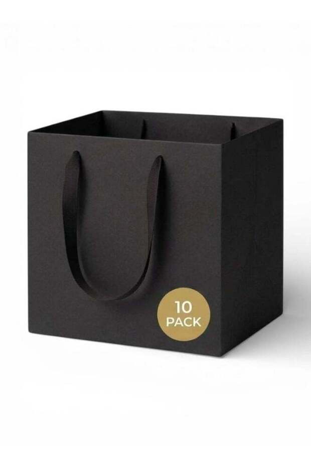 [10 Pack] Black Square Paper Gift Bags, 25×25×25 cm – Large, 250 GSM Thick Paper with Ribbon Handle