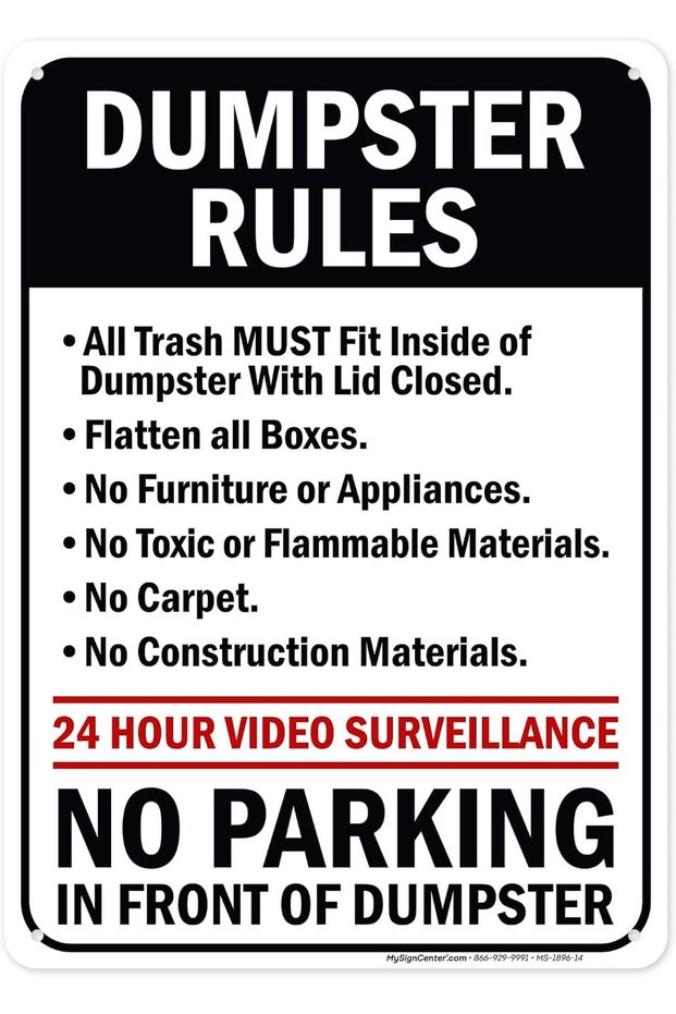 ARS® 'Dumpster Rules' Sign - 10x14 Inches, Rust Free Aluminum, Fade Resistant