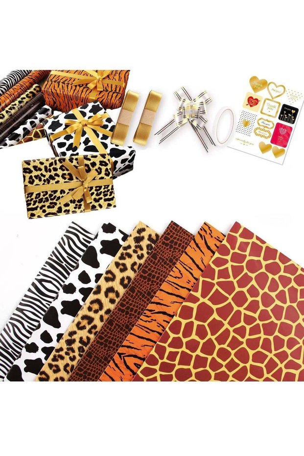 Wrapping Paper, Leopard, including Double-sided Tape, 2x Ribbon, Sticker, Pull Bows, for Birthdays,
