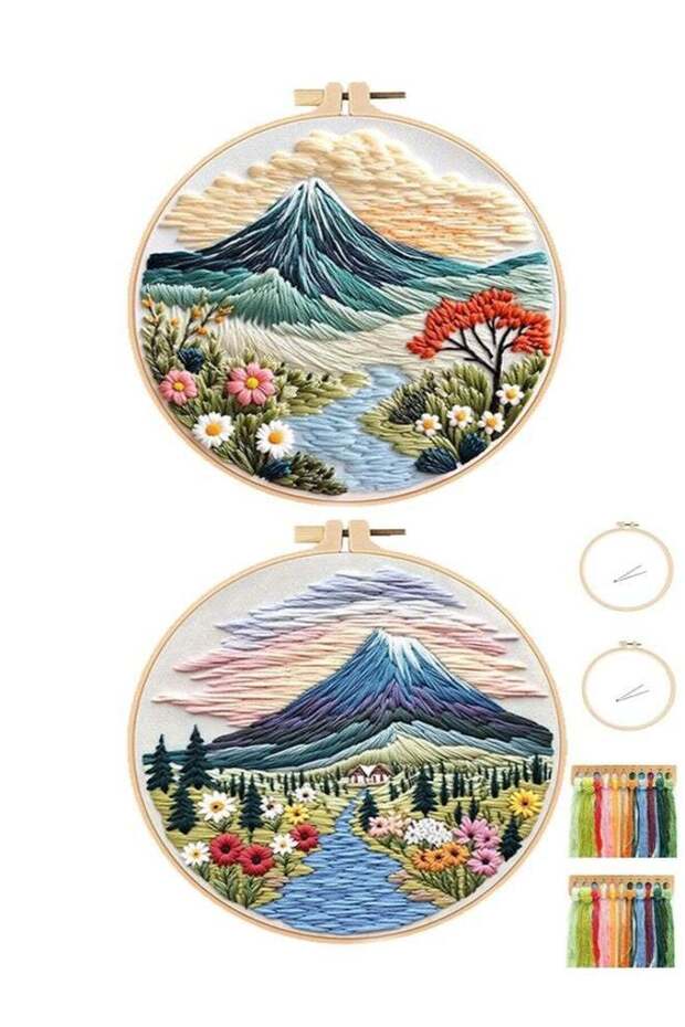 Mountain Landscape Embroidery Kit, DIY Scenery Needlework Set With Embroidery Hoop