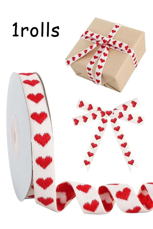 1 PCS Cotton Ribbon, Wide Stitched Cotton Ribbon with Red Heart Pattern, Red Heart Pattern for Gift