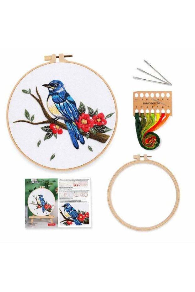 Bird Embroidery Kit for Beginners, DIY Needlepoint Art Kit with 20cm Bamboo Hoop, Pre-Printed Embro