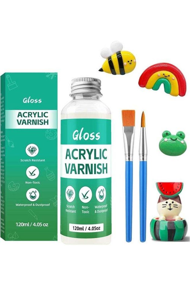 Gloss Acrylic Varnish 120ml - Air Dry Clay Varnish, Clear Gloss Finish with 2 Brushes for Pottery,