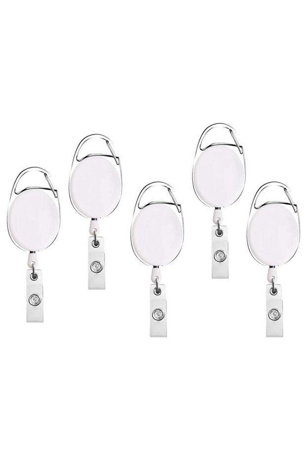 [Pack of 5] White Retractable Badge Holder with Reel Clip – Durable ID Card Holder for Work, Office