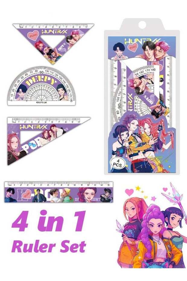 4PCS Kpop Demon Hunter Ruler Set, Cartoon Themed Geometry Stationery Kit for School Students Back t