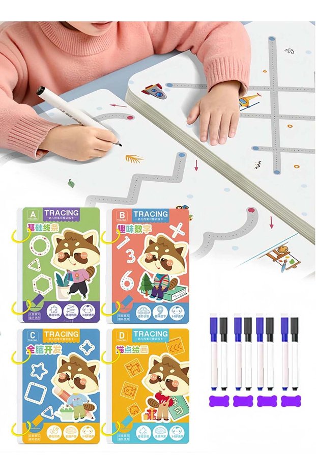 4-in-1 Reusable Tracing Workbook for Kids Ages 3-7 – 144 Pages Erasable Preschool Learning Activity