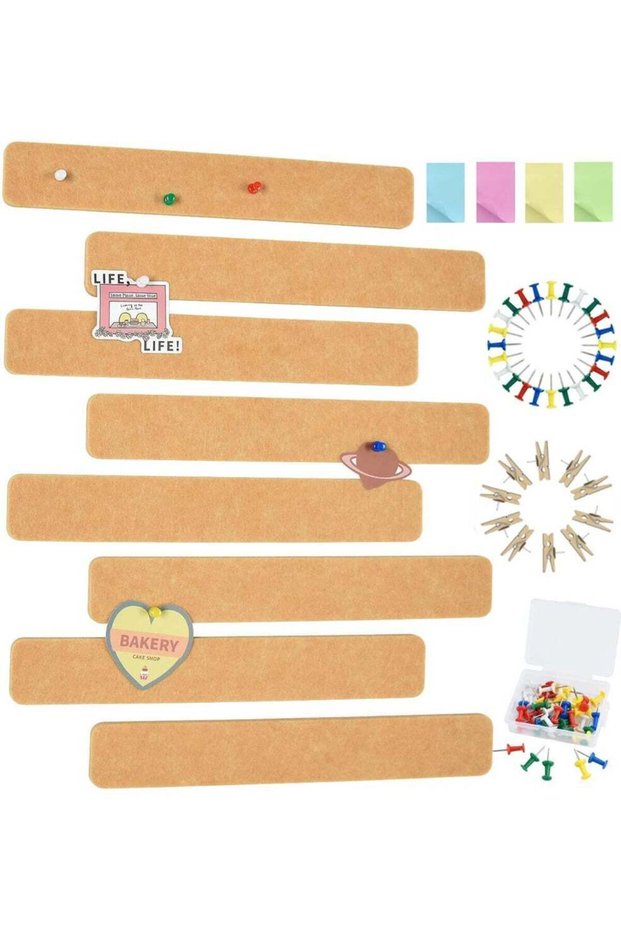 8Pcs Rectangle Felt Cork Board Bar Strips with 50 Pushpins & 10 Wooden Clip pins, Self-Adhesive Bul