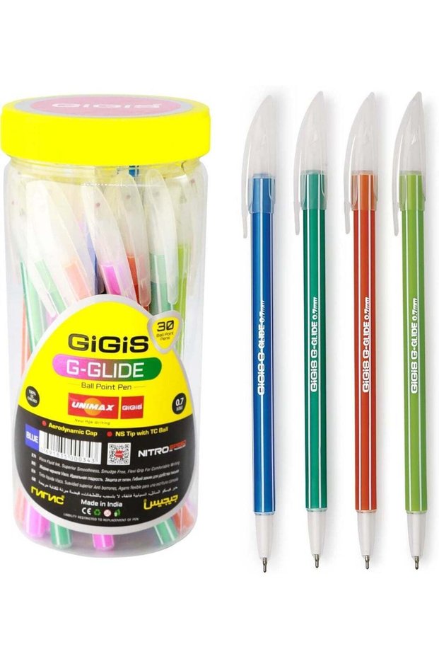 GiGiS Unimax G-Glide Ball Point Pen 30-Pieces, 0.7 mm Tip Size Ballpen, Blue Ink with Mix color Bod