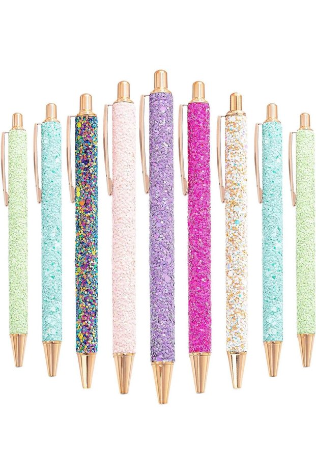 9‑Pack Glitter Retractable Ballpoint Pens – Smooth 1.0 mm Black Ink in Sparkling Multi‑Colors