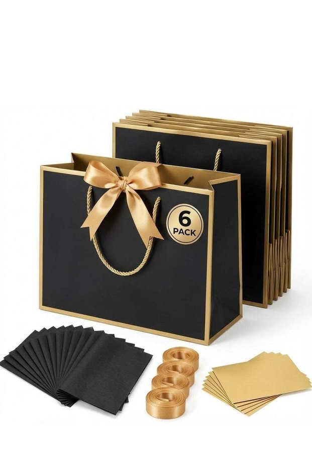 6-Pack Luxury Small/Medium Black Gift Bags with Gold Trim (28×10×20 cm) – Includes 6 Gold Ribbons,