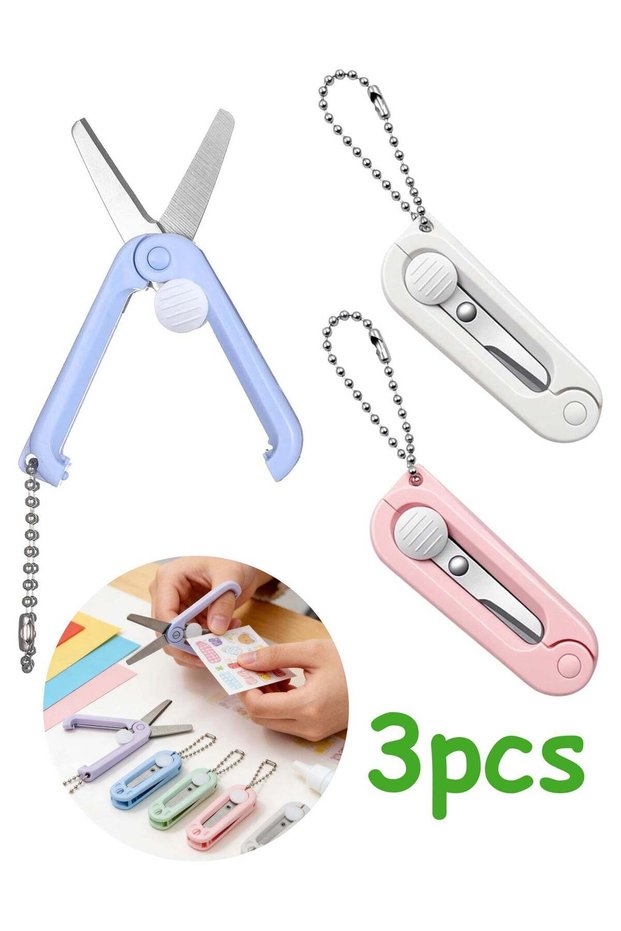 3 Pcs Mini Folding Keychain Scissors, Portable Pocket Travel Scissors Pink White Blue for Badge Ree