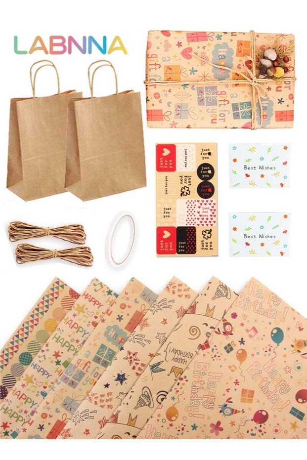Brown Kraft Gift Wrapping Paper Set, All-in-One Gift Packaging Kit with 6 Sheets (70×50cm), 2 Gift