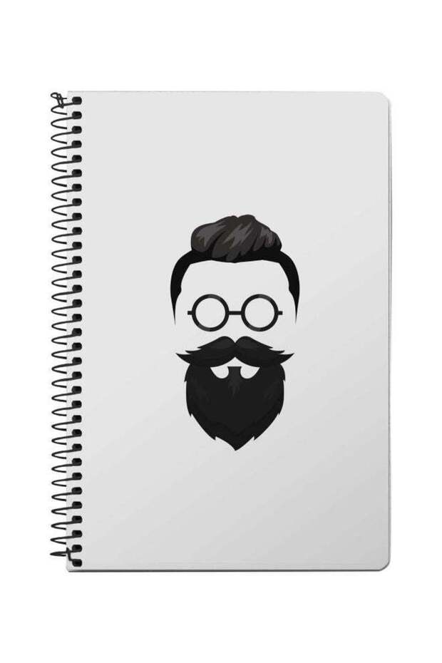 A5 Beard Hipster Printed Spiral Bound Notebook White/Black