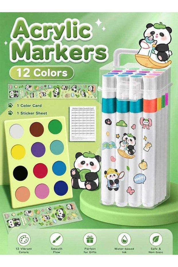 12 Colors Acrylic Markers Set with Stickers, Water-Based Paint Pens, Non-Toxic Art Markers for Rock