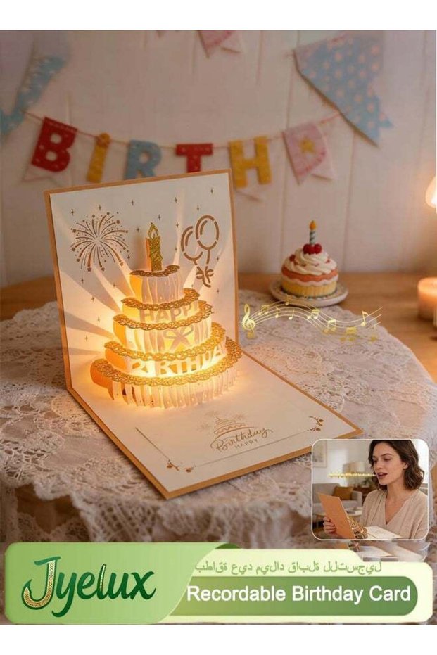 Recordable Birthday Card, 3D Pop Up Cake Birthday Card, LED Lights & Sound Pop up Happy Birthday Ca