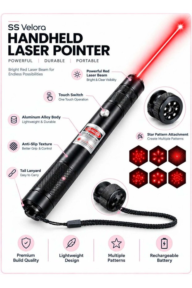 SS Velora High Power Laser Pointer Pen – Rechargeable, Long Range, Red Light Presentation Pointer f