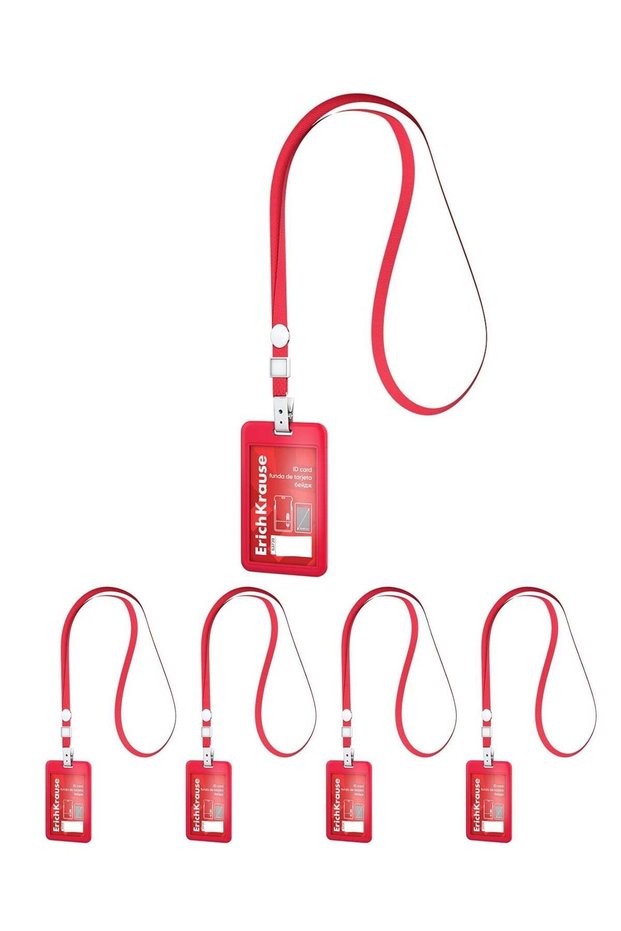 5-Piece Hard Plastic Vertical ID Card Holder With Lanyard Red