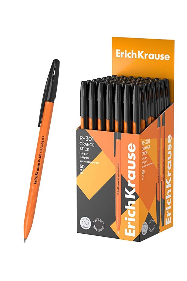50-Piece R-301 Orange Stick Ballpoint Pens 0.7mm Tip Black Ink