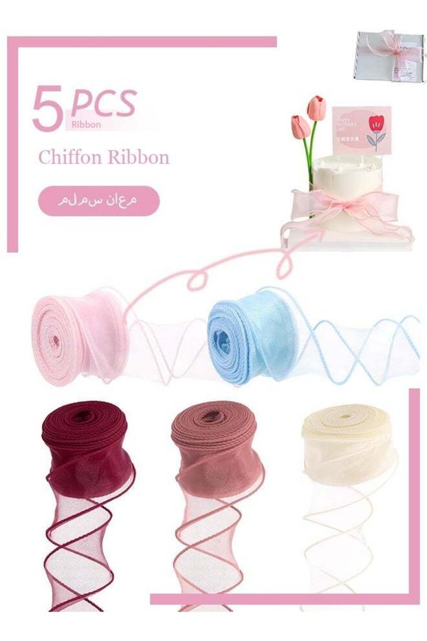 5 pcs Edged Chiffon Ribbon (4cm Wide x 10 Yards) — Semi-Sheer, Edged Organza Ribbon & "Fishtail" Me