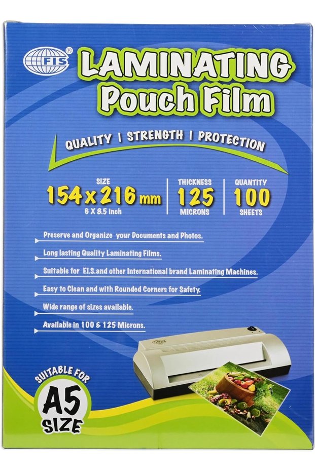 FIS Laminating Pouch Film, 154x216mm, 125 Micron Thickness, 100 Sheets, Rounded Corners, A5 Size