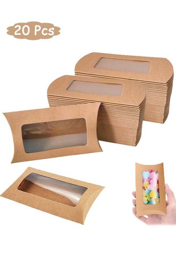 20 Pcs Reusable Kraft Paper Gift Bags with Windows, Mini Pillow Folding Treat Boxes for Bakery Cand