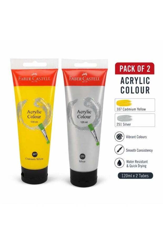 Faber-Castell Acrylic Colour Paint 120ml Tubes, Silver 251 & Cadmium Yellow 107, Pack of 2