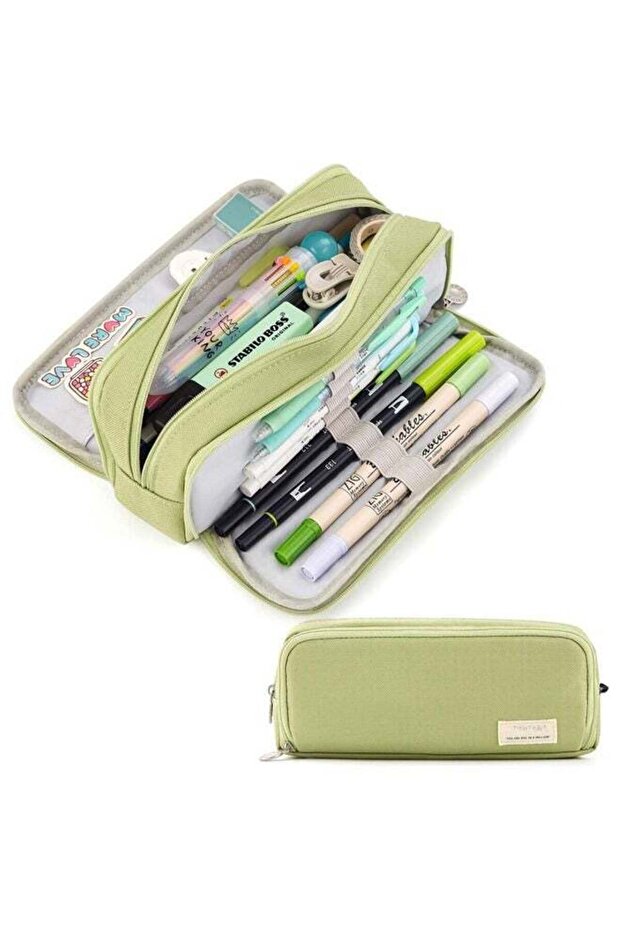 Large Capacity Pencil Case 3 Compartment Pouch Pen Bag for School Teen Girl Boy (Green)