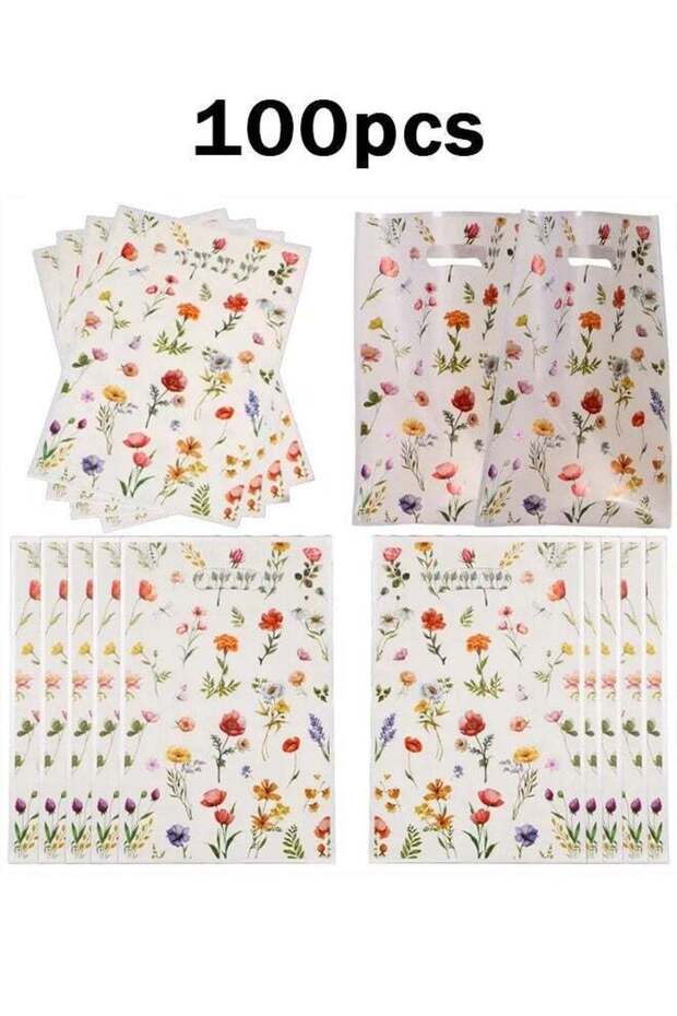 100pcs Spring Gift Wrapping Bags, Flower Plastic Bags, Vanilla Flower Party Gift Bags, Printed with