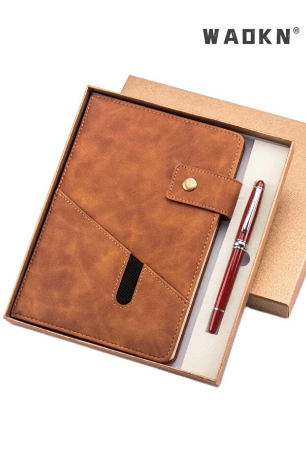 Brown A5 Lined Leather Journal Notebook,Personalized Hardcover Journal Set with Pen & Gift Box,200