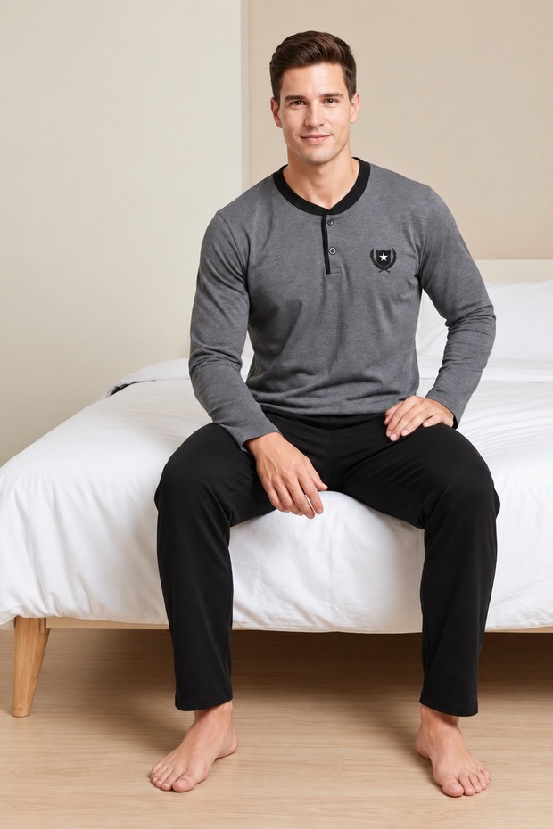 Men's Pajama Set, Openend Single Jersey Cotton, 30/1 Seasonal Fabric, Long Sleeve, Buttoned Collar, Smoked