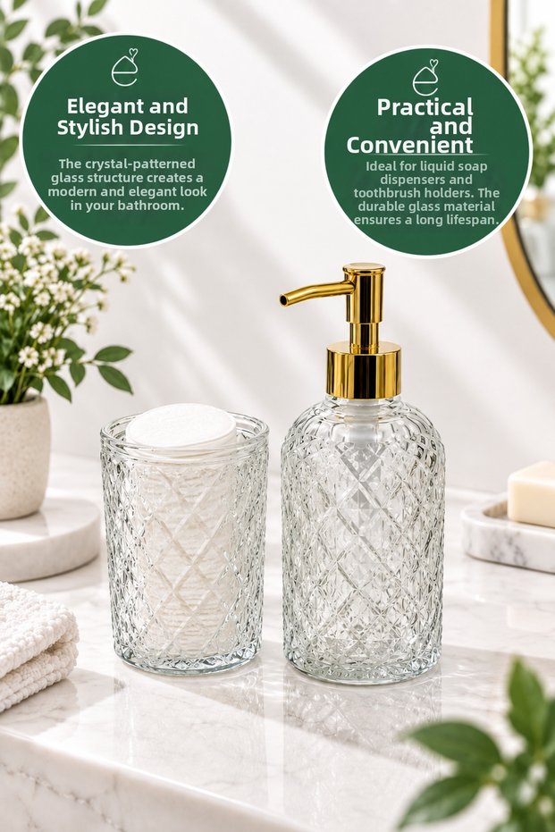 2-Piece Crystal Patterned Glass Bathroom Set with Gold Pump Liquid Soap Dispenser and Toothbrush Holder Organizer