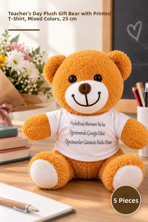 5 Pieces Plush Teddy Bear - Plush Gift Bear with Printed T-Shirt for Teachers' Day, Mixed Color, 25 Cm, Teacher Gift