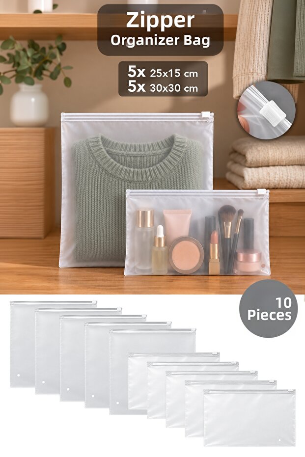 10-Piece Zippered Organizer Set - Frosted Transparent Closet Storage Organizer with Lock - 25X15Cm - 30X30Cm