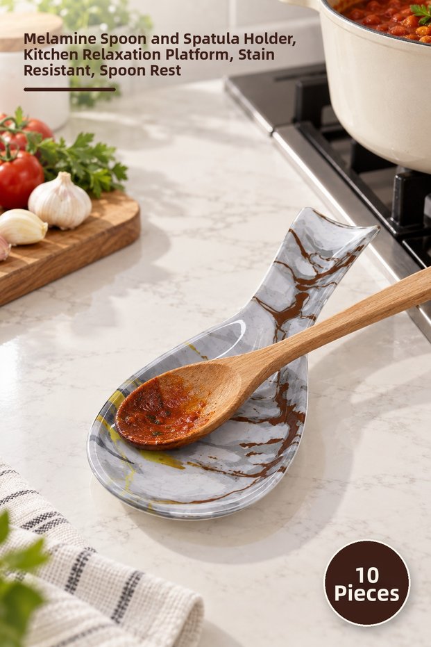 10 Pieces of Marble Patterned Spoon Rests – Melamine Spoon and Spatula Holder, Kitchen Rest Platform, Stain Resistant, Spoon Rest
