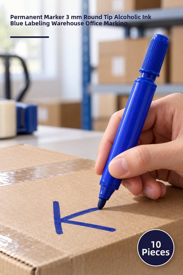 10 Pieces of Boxed Pens – Permanent Marker 3 mm Round Tip Alcohol-Based Ink Blue Labeling Warehouse Office Marking